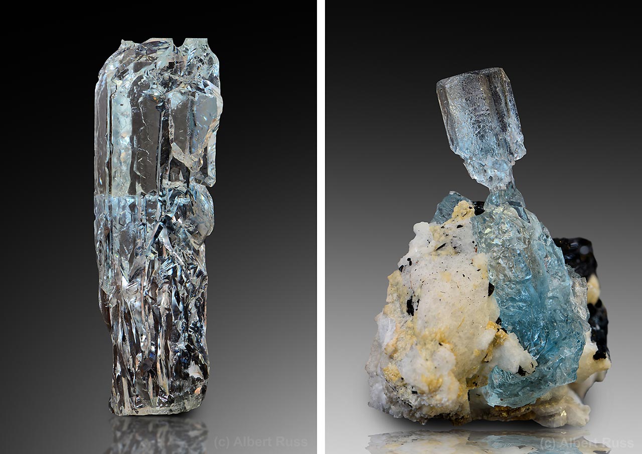 Vynikající ukázky korodovaných krystalů akvamarínu z Pakistánu.