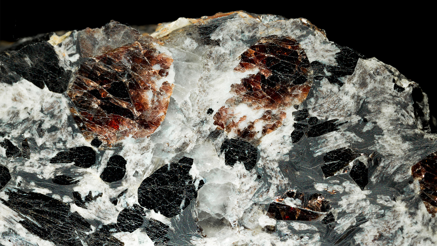 Almandin, Skoryl, živec, Křemen, Biotit