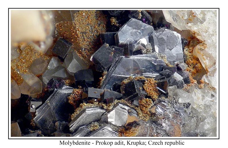 Fotografie minerálů Fluorit, Molybdenit z lokality Krupka, Czech Republic