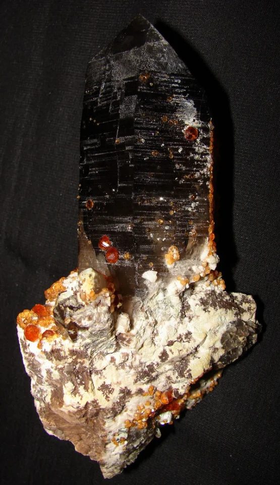 Fotografie minerálů Křemen (var. záhněda), Spessartin z lokality Tongbei, China