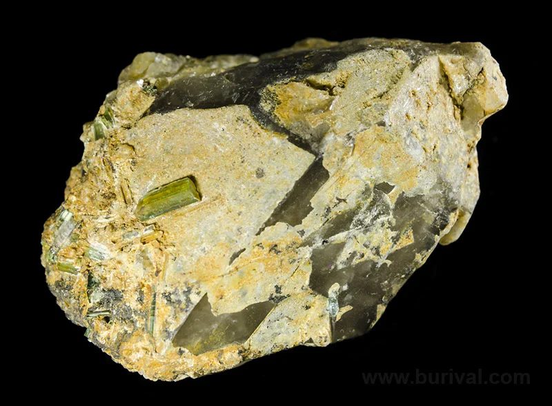 Fotografie minerálů Elbait (var. verdelit), Křemen (var. záhněda) z lokality Dolní Bory, Czech Republic