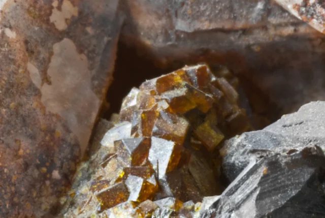 Fotografie minerálu Farmakosiderit z lokality Hubský peň, Krásno, Czech Republic